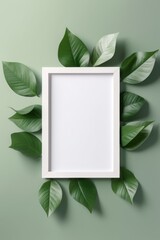 A white Frame with Copy Space mockup on a green background surrounded by green leaves