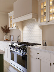 Kitchen interior with an emphasis on the oven and stove with hood.