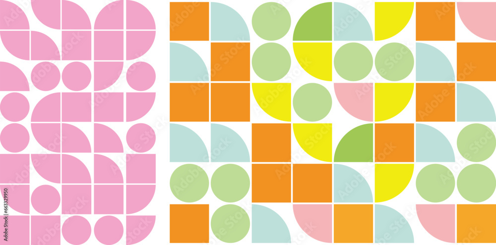 Wall mural abstract geometric background with circles and squares in yellow, pink and green. seamless vector pa