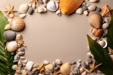 Fototapeta na wymiar Seashells Frame with Copy Space mockup starfish pebbles on beige background shades of white orange