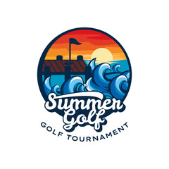 Vector logo summer golf tournament on the seashore on the pier (transparent background)