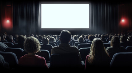 Movie theater blank screen mock up, modern cinema with people on seats template. - obrazy, fototapety, plakaty