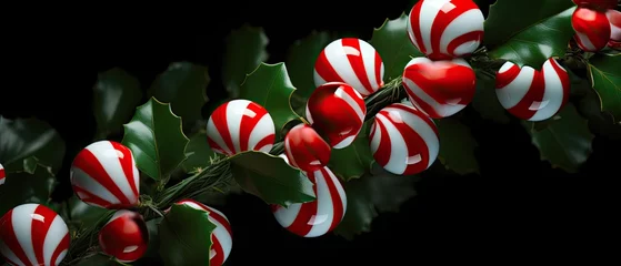 Tuinposter Candy cane twist. A playful, detailed image christmas highlighting red and white striped decorations, inspired by candy canes, against the green of the tree. Merry christmas card.  © Dannchez