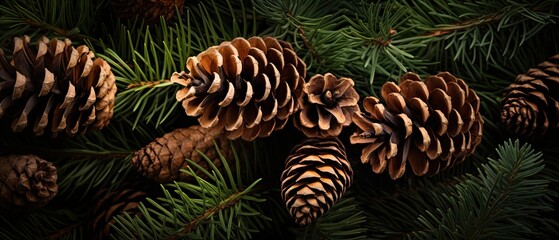 Pinecone paradise. A detailed capture of natural pinecones nestled in the lush branches of the Christmas tree. Merry christmas card, fashion event, gift voucher card. 