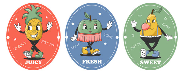 90s Fruits Funny Retro Hippie Groovy Cartoon Characters. Labels with Comic Characters of Pear, Pineapple and Apple. Groovy Summer Vector Stickers. Sweet Juicy Fresh Fruits Banner.