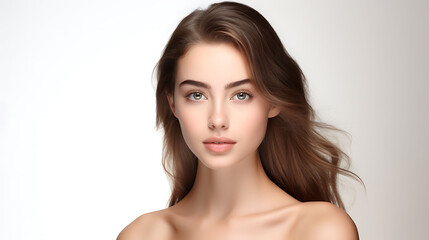 Fototapeta premium Beautiful young woman with long brown hair. Portrait of a girl with natural makeup.