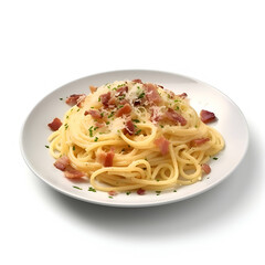 Spaghetti carbonara with bacon and parmesan on white background