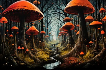 Giant talking mushrooms offering cryptic advice in dense forest groves - Generative AI - obrazy, fototapety, plakaty