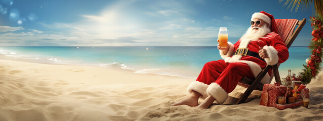 Santa Claus on the beach relaxing on a sunbed in the beach. Christmas Vacation - obrazy, fototapety, plakaty