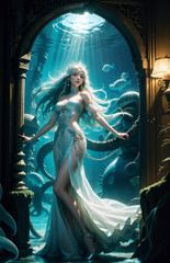 Beautiful girl living in the underwater world. Sexy girl in underwater fantasy world. Fairy tale. Fantasy.