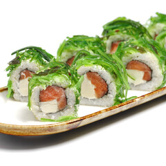 ROLL CHUCKA Rice, Clouds, Cheese, Salmon, Chucka on a white background.