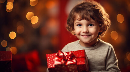 Fototapeta na wymiar child with a gift for the New Year, New Year's interior, Christmas atmosphere. Generative AI