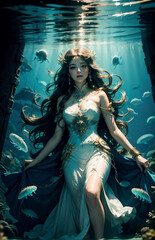 Beautiful girl living in the underwater world. Sexy girl in underwater fantasy world. Fairy tale. Fantasy.