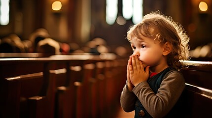 praying child in church - obrazy, fototapety, plakaty
