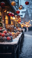 A Sparkling Scene of a Christmas Market in the Evening, Aspect Ratio 9:16