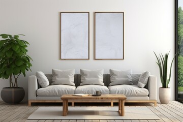 3D living room render featuring empty frames for creative mockups