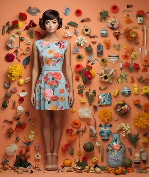 Frescura Primaveral: Modelo Mexicana mujer latina en un fondo rosa pastel con flores  primaverales y con moda en vestido azul