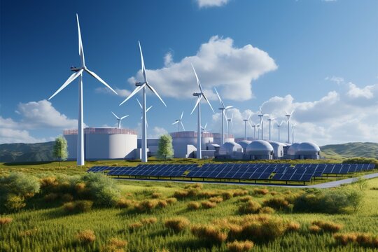 3D illustration of a wind turbine facility and hydrogen gas storage