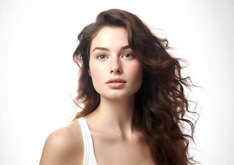 Fototapeta premium Young beautiful women with dark curly hair and soft healthy skin on white background.Macro.AI Generative.