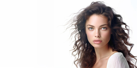 Young beautiful women with dark curly hair and soft healthy skin on white background.Macro.AI Generative.