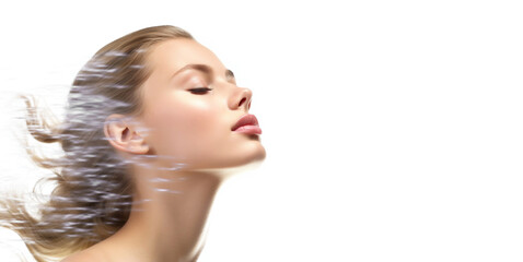 Fototapeta premium Natural beauty woman with glowing healthy skin on white background.Macro.AI Generative.