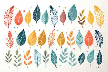 Set of hand drawn autumn leaves. Vector illustration in flat style.