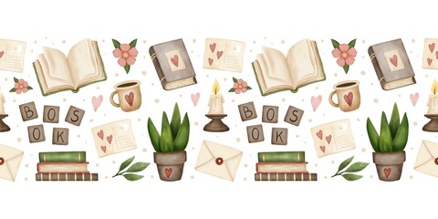 Reading lovers cute hand drawn seamless border. Books and cozy things
