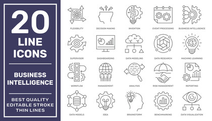 Set of business Intelligence icons, such as machine learning, data modeling, visualization, risk management and more. Editable stroke. EPS 10