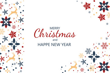 Vector Christmas card with a vertical frame, a border with Christmas decor and a place for an inscription. Wallpaper or background decor of snowflakes and deer.