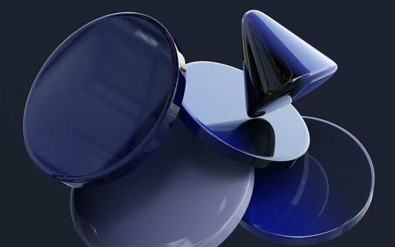Geometrical shapes on dark background, 3d render