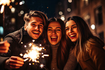 Obraz na płótnie Canvas A group of friends celebrating a night out with sparklers. New years eve celebration
