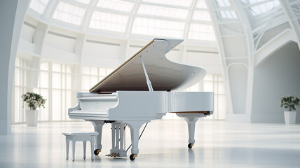 grand piano in a large white hall, classical music concert in a bright interior
