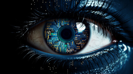 cyborg eye, computer vision, vision improvement concept, correction, surveillance system, idea microelectronics and people