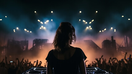 silhouette of a DJ at the remote control, a view from the back against the background of a nightclub with a crowd of dancing people, a night disco music festival