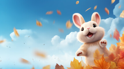plush rabbit toy cartoon autumn leaves background leaf fall abstract generated hare blank calendar yellow leaves on sky background,