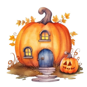 Cute pumpkin house. Watercolor illustration created with Generative Ai technology