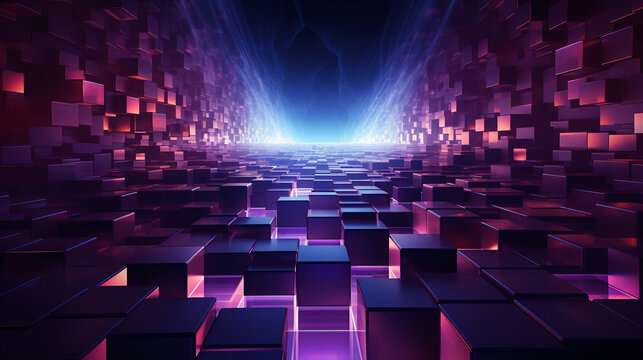 Fototapeta abstract purple glowing cosmic perspective with fractals, light and cubes background 16:9 widescreen wallpapers