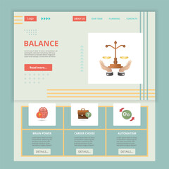 Balance flat landing page website template. Brain power, career choice, automatism. Web banner with header, content and footer. Vector illustration.
