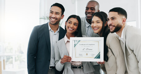 Business people, woman and certificate in office, presentation or teamwork for performance, goal or success. African CEO, happy employee group and diploma for achievement, thanks or award at workshop