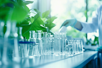 Close up view of research chemical glass bottles in background of modern laboratory. Science content of technology and development.