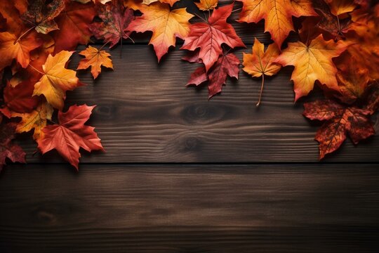 Autumn Leaves On Dark Wood Surface, Thanksgiving Themed Wallpaper With Space For Text. Generative AI