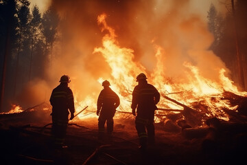 Silhouette of three firemen fighting a huge fire of burning timber