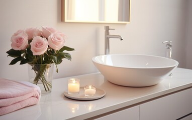 Elegant white bathroom interior with modern ceramic vessel sink, flowers, towels and candles. Romantic atmosphere, harmony, nature health concept.