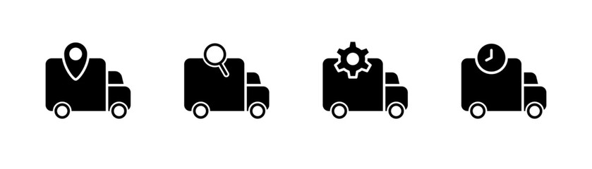 Delivery truck glyph icon. Shipping van icon set. Delivery lorry. Truck with loupe and gearwheel. Stock vector illustration.