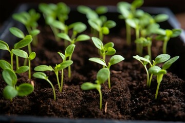 A collection of tender seedlings organized within a planting tray