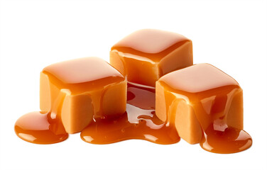 Three sweet caramel candy cubes topped with caramel sauce on white background - obrazy, fototapety, plakaty