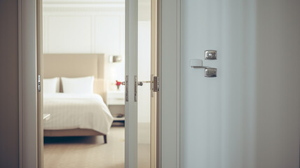 the slightly open white door to the hotel room - obrazy, fototapety, plakaty