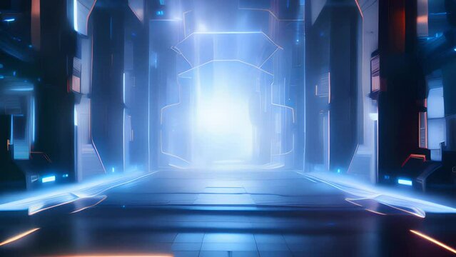 Movement along a futuristic corridor in the style of Science fiction. Generative ai.