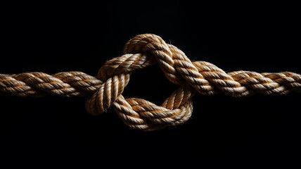Fototapeta premium the gordian knot of rough rope is isolated on a black background