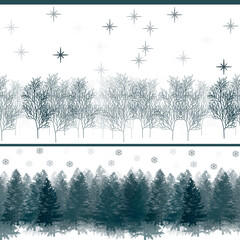 Background for textile, fabric, covers, wallpapers, print, gift wrapping, home decor. Winter trees. Illustration.